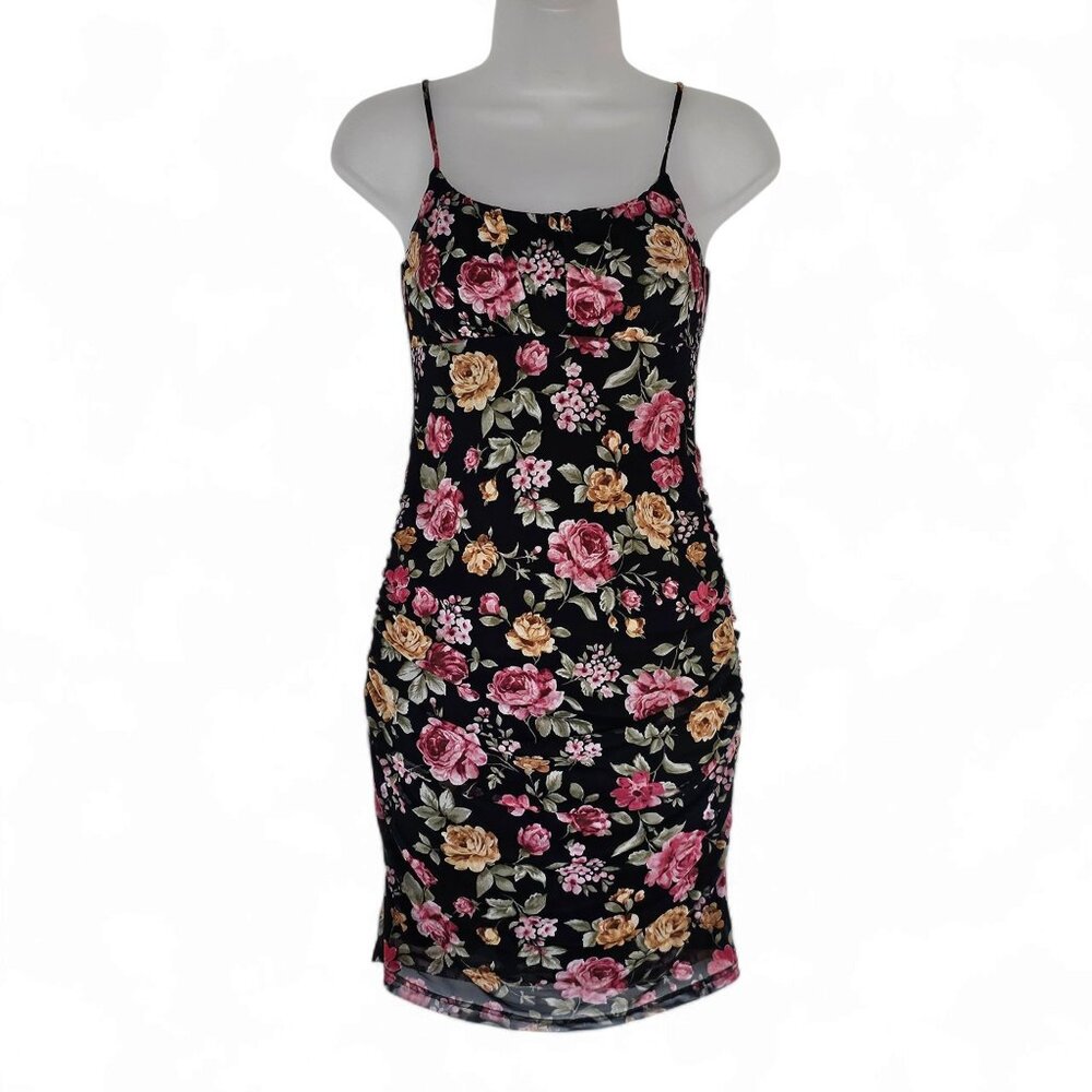 Y2K 90s Babydoll Dress Size S Dark Floral Spaghetti Straps Stretch Bodycon Boho